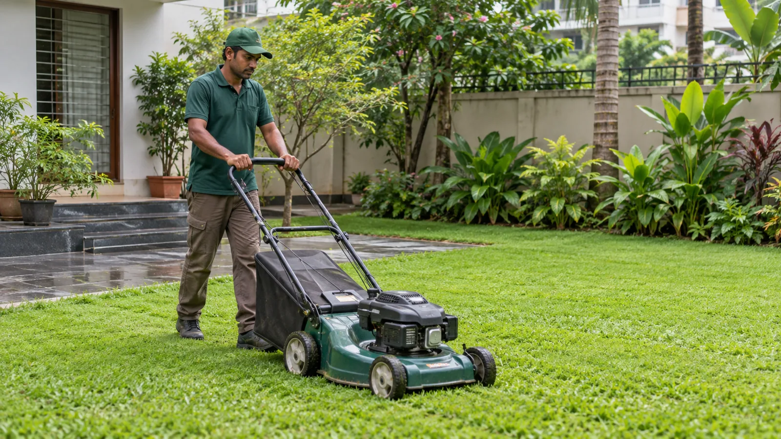 Professional grass cutting service in a Dhaka garden