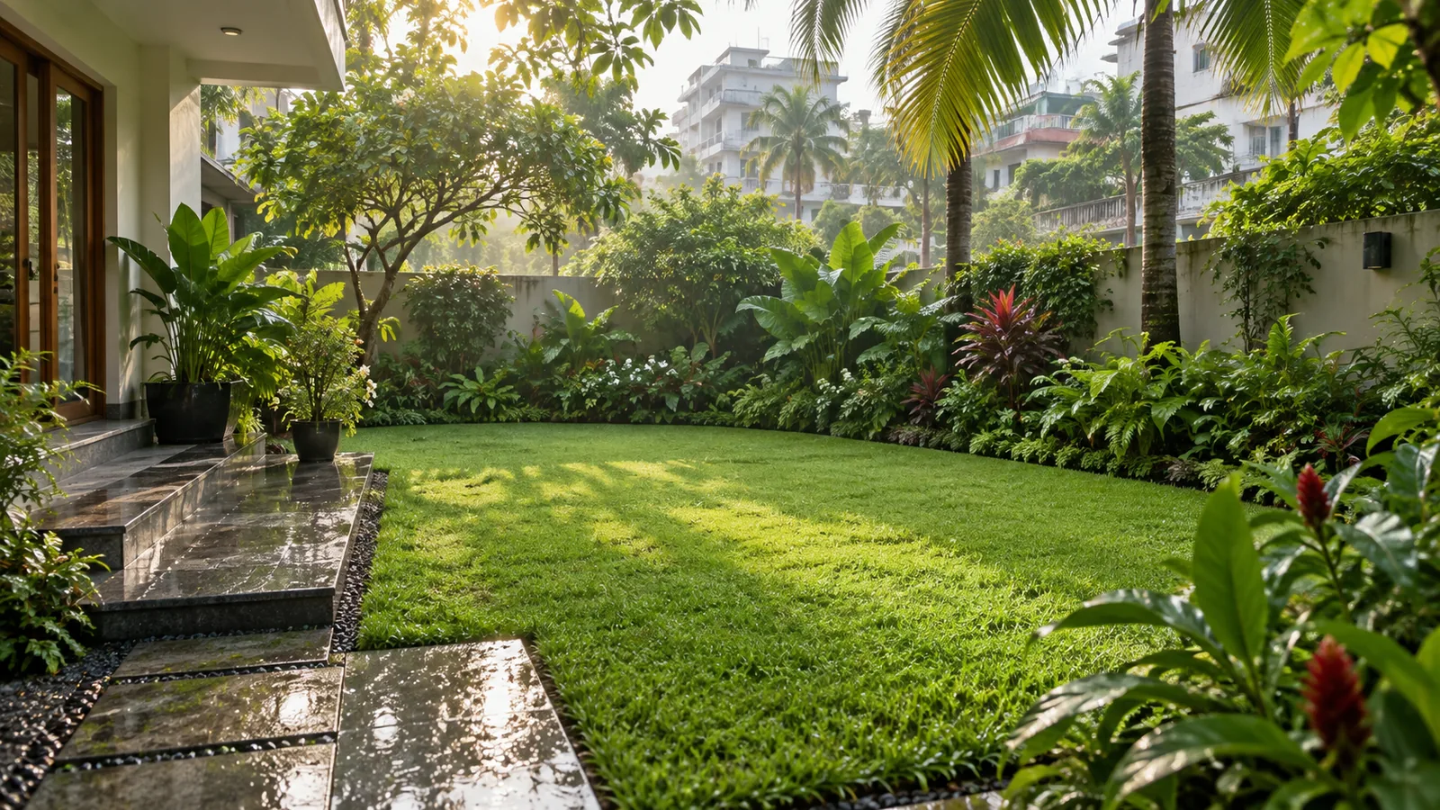 A neatly maintained residential lawn in Dhaka with tropical garden plants