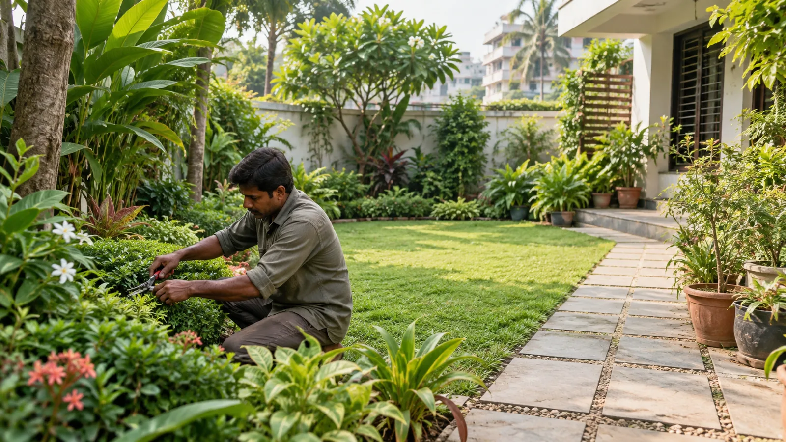 Monthly garden maintenance checklist in Dhaka with a gardener pruning a shrub