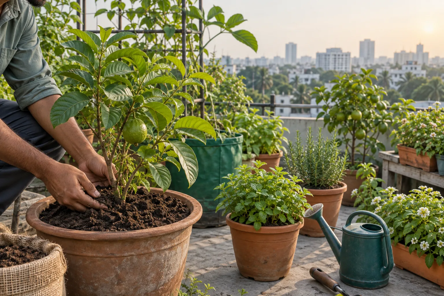 Gardener checking soil moisture in a Dhaka rooftop container garden