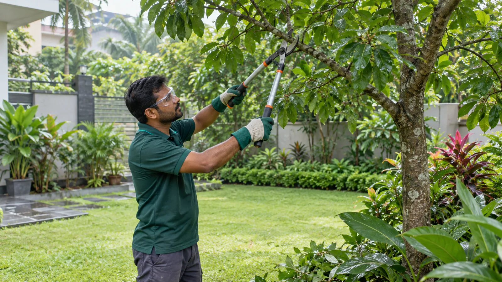 Professional tree trimming and pruning in a Dhaka garden