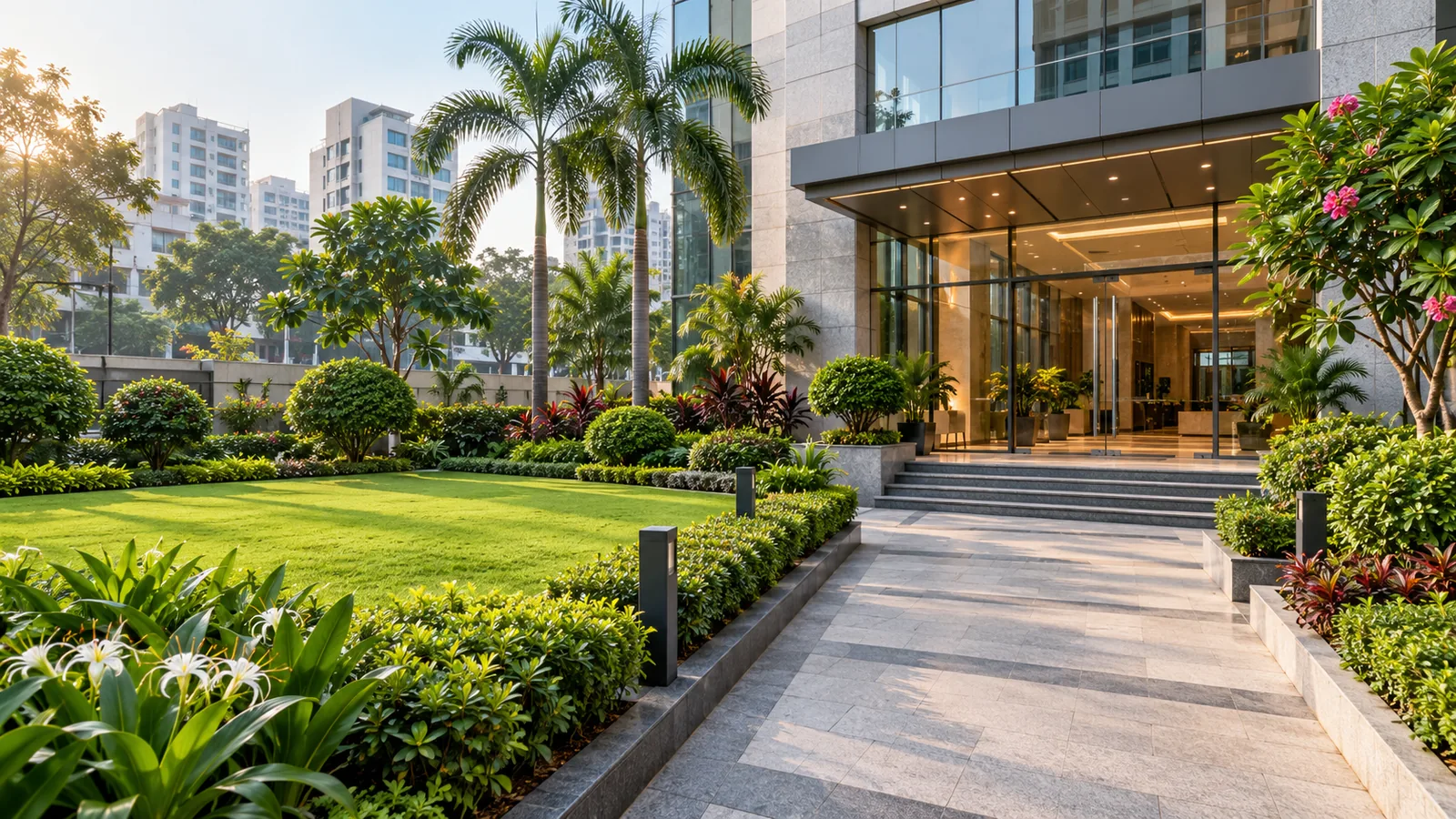 Landscaped entrance and garden at a commercial property in Dhaka