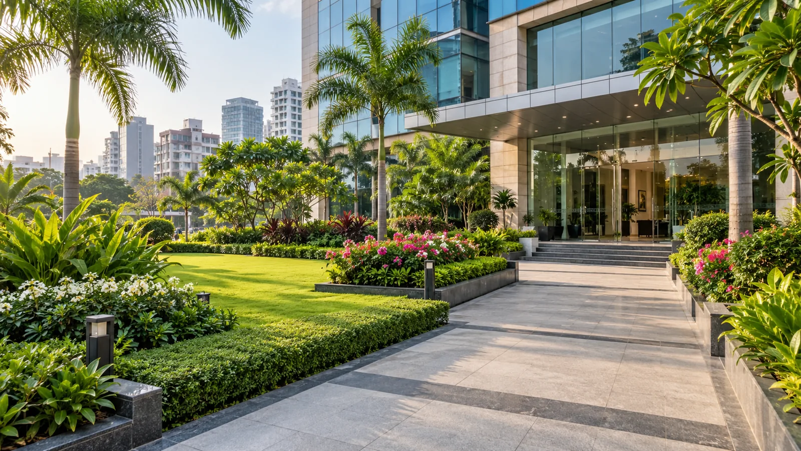 Commercial landscaping at a modern office campus in Dhaka